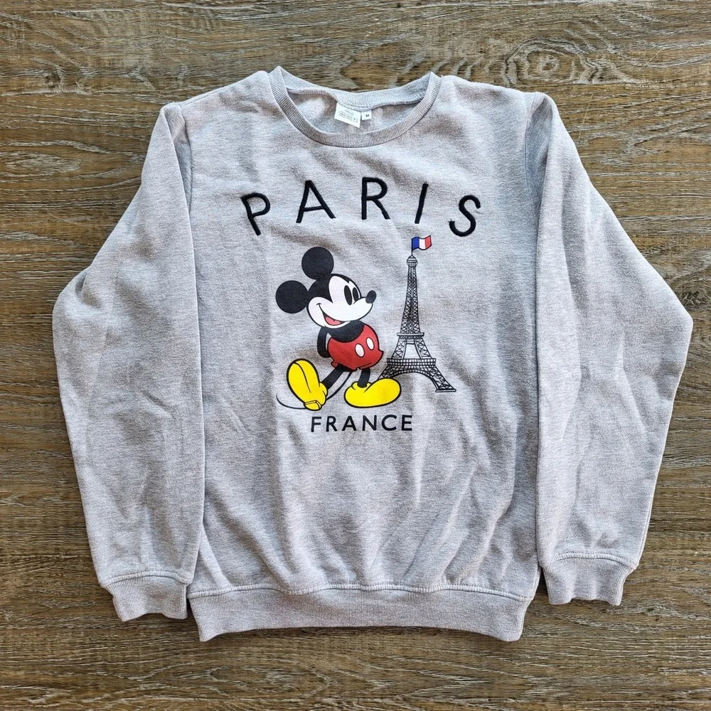 Disney Mickey Mouse Paris France Sweatshirt Gray Eiffel Tower Graphic Mens M
